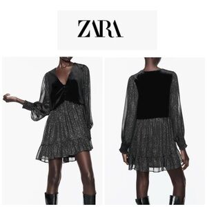 Zara Black With Gold Glitter Sheer Mini Dress With Velvet Vest In S